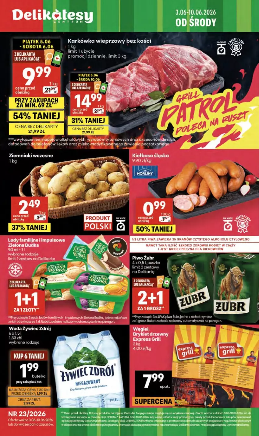 Gazetka promocyjna Delikatesy Centrum - Franczyza DC23 Czwartek - ważna 03.06 do 10.06.2026 - strona 1 - produkty: Fa, Gra, Grill, Kiełbasa, Kiełbasa śląska, Koc, LG, Lody, Piec, Piwa, Rama, Rum, Tran, Woda, Zielona Budka, Ziemniaki