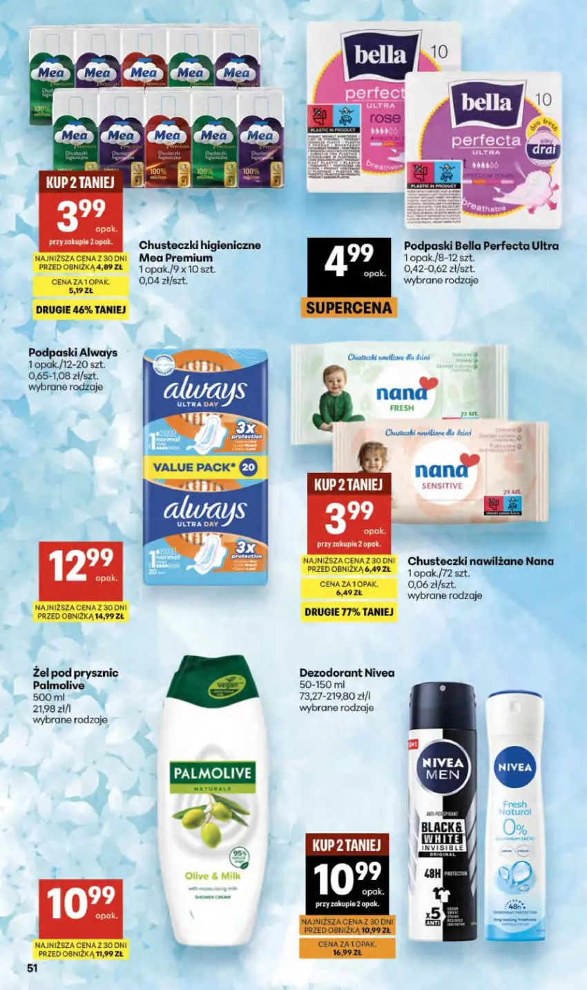 Gazetka promocyjna Delikatesy Centrum - Franczyza DC23 Czwartek - ważna 03.06 do 10.06.2026 - strona 51 - produkty: Always, Bell, Bella, Chusteczki, Dezodorant, Nivea, Palmolive, Perfecta, Podpaski