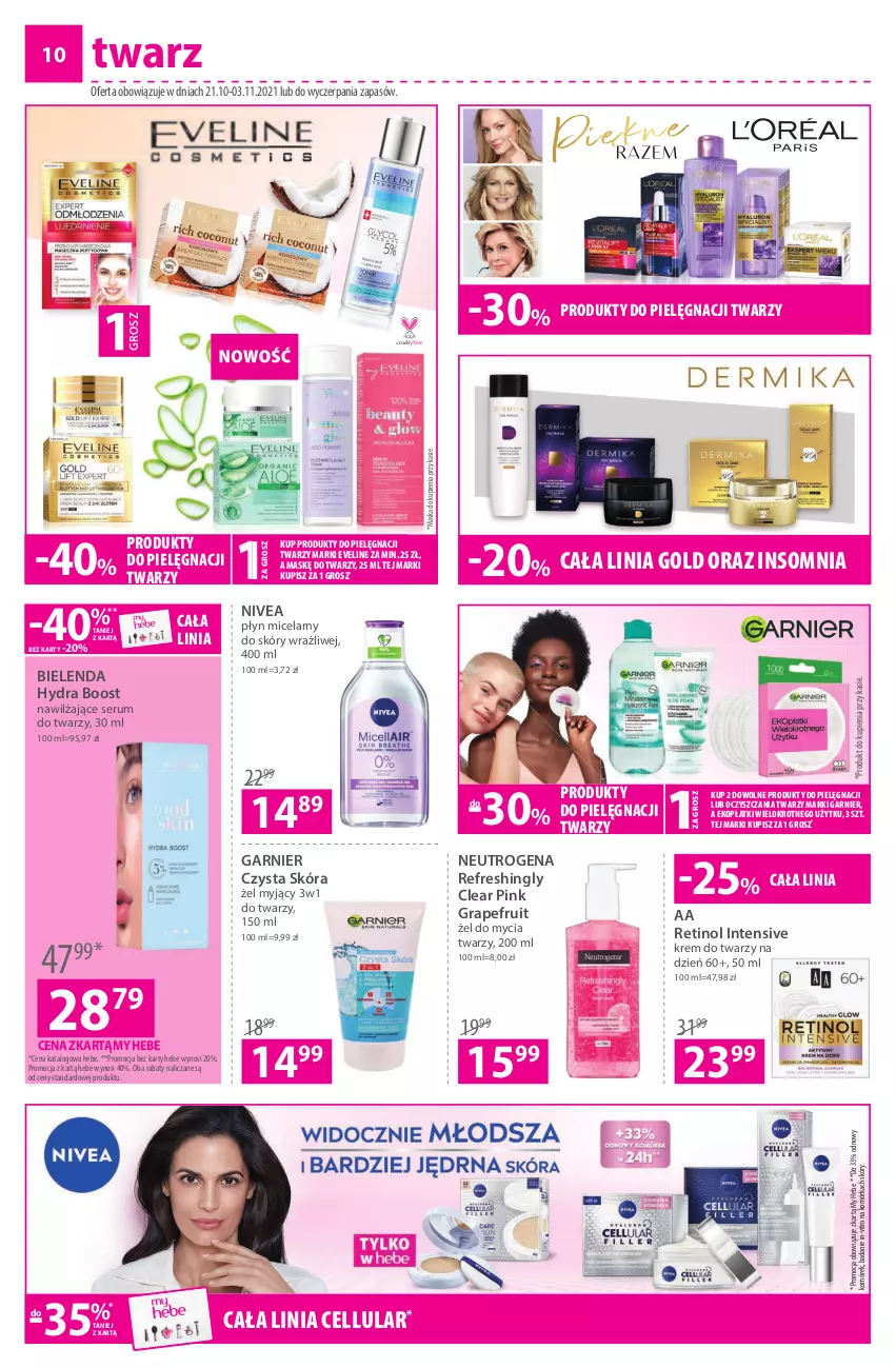 Gazetka promocyjna Hebe - Gazetka - ważna 21.10 do 03.11.2021 - strona 10 - produkty: Bielenda, Eveline, Garnier, Gra, Krem do twarzy, Maska, Neutrogena, Nivea, Płyn micelarny, Rum, Ser, Serum, Serum do twarzy