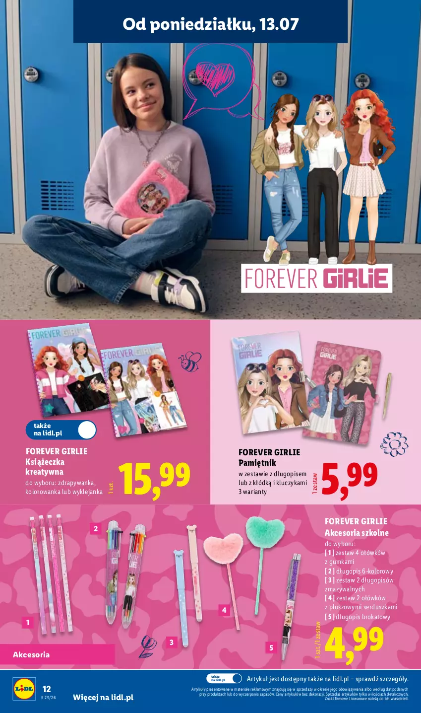 Gazetka promocyjna Lidl - Kompletna wyprawka w megacenach - ważna 11.07 do 31.07.2026 - strona 12 - produkty: Długopis, Klej, Kolorowanka, Pamiętnik, Ser
