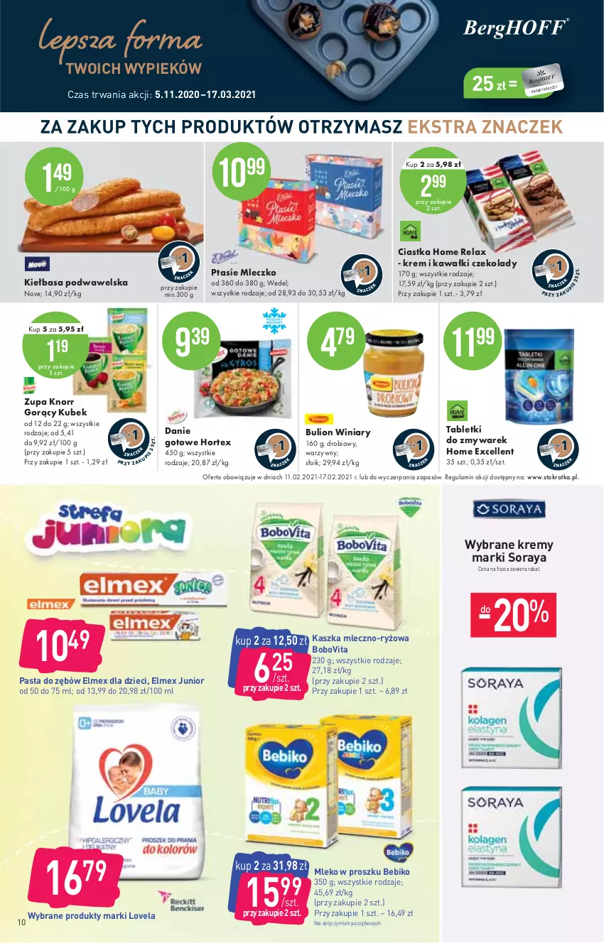 Gazetka promocyjna Stokrotka - Market - ważna 11.02 do 17.02.2021 - strona 10 - produkty: Bebiko, BoboVita, Bulion, Ciastka, Danie gotowe, Dzieci, Elmex, Hortex, Kawa, Kiełbasa, Kiełbasa podwawelska, Knorr, Kubek, Lion, Lovela, Mleczko, Mleko, Mleko w proszku, Pasta do zębów, Ptasie mleczko, Ryż, Tablet, Wawel, Winiary, Zupa