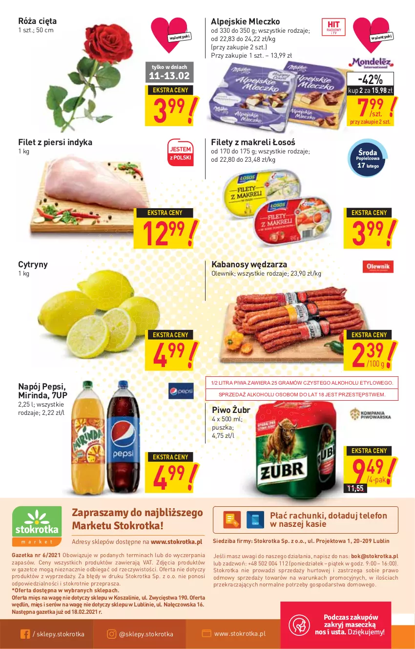 Gazetka promocyjna Stokrotka - Market - ważna 11.02 do 17.02.2021 - strona 12 - produkty: 7up, Cytryny, Filet z piersi indyka, Gra, Kabanos, Kosz, Mirinda, Mleczko, Napój, O nas, Olewnik, Pepsi, Piwa, Piwo, Róża, Ser, Szal, Telefon, Wagi