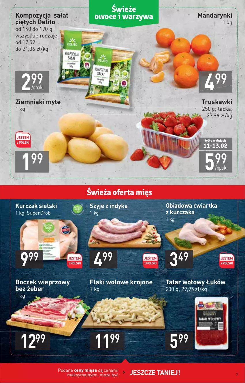 Gazetka promocyjna Stokrotka - Market - ważna 11.02 do 17.02.2021 - strona 3 - produkty: Boczek, Boczek wieprzowy, Flaki, Flaki wołowe, Kurczak, Mandarynki, Sałat, Tatar wołowy, Truskawki, Ziemniaki