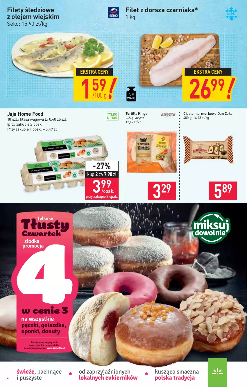 Gazetka promocyjna Stokrotka - Market - ważna 11.02 do 17.02.2021 - strona 4 - produkty: Dan Cake, Dorsz, Jaja, Olej, SEKO, Tortilla