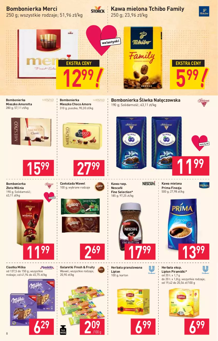 Gazetka promocyjna Stokrotka - Market - ważna 11.02 do 17.02.2021 - strona 8 - produkty: Ciastka, Czekolada, Fa, Gala, Galaretki, Gra, Herbata, Kawa, Kawa mielona, Lipton, Merci, Milka, Nescafé, Prima, Tchibo, Tchibo Family, Wawel