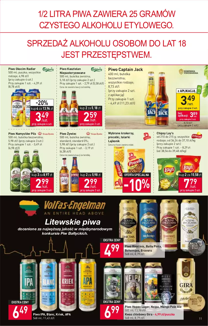 Gazetka promocyjna Stokrotka - Supermarket - ważna 06.10 do 12.10.2022 - strona 11 - produkty: Captain Jack, Chipsy, Chleb, Gra, Kasztelan, Koc, Krakersy, Lajkonik, Lay’s, Mango, Namysłów, Okocim, Piwa, Piwo, Precelki, Radler