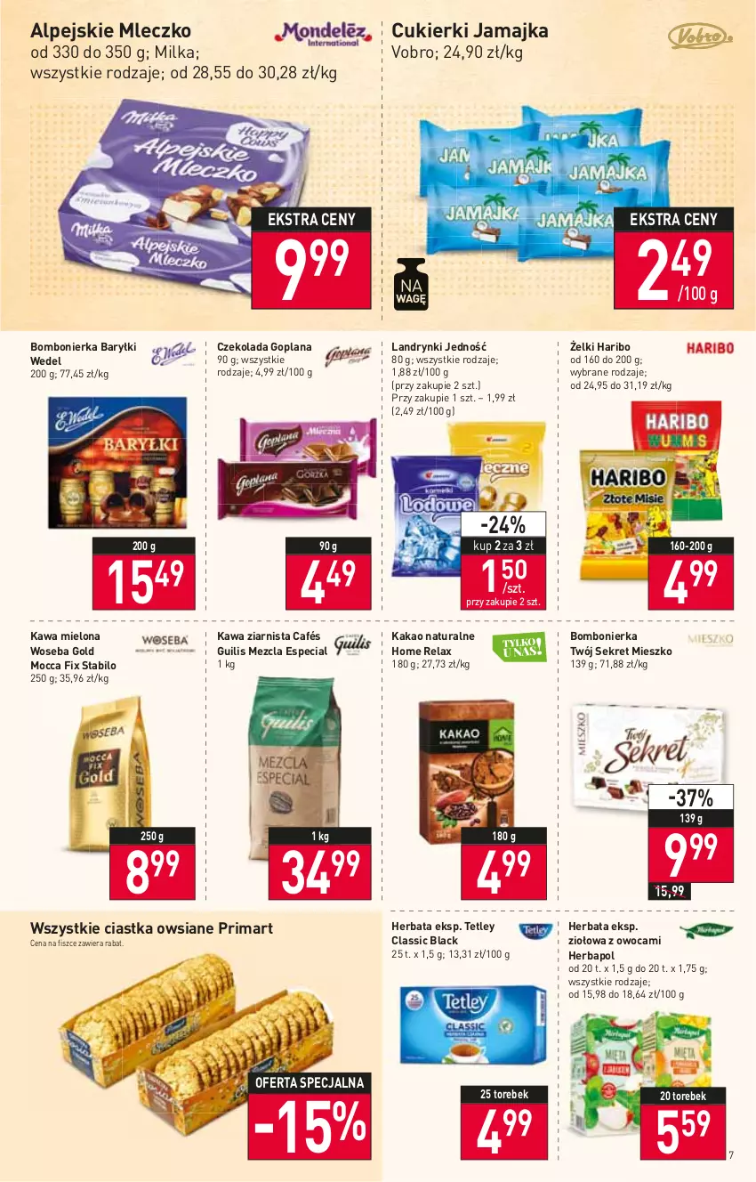 Gazetka promocyjna Stokrotka - Supermarket - ważna 06.10 do 12.10.2022 - strona 7 - produkty: Baryłki, Ciastka, Ciastka owsiane, Cukier, Cukierki, Czekolada, Goplana, Haribo, Herbapol, Herbata, Kakao, Kawa, Kawa mielona, Kawa ziarnista, Kret, Lack, LANA, Milka, Mleczko, Prima, Tetley, Woseba