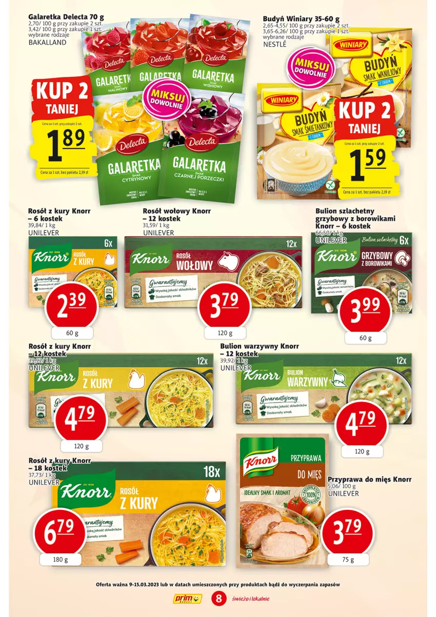 Gazetka promocyjna Prim Market - ważna 09.03 do 15.03.2023 - strona 8 - produkty: Bakalland, Budyń, Bulion, Delecta, Gala, Galaretka, Knorr, Lion, Por, Rosół, Rosół wołowy, Sok, Stek, Winiary