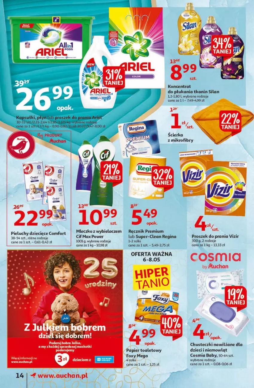 Gazetka promocyjna Auchan - 25 Urodziny #3 Supermarkety - ważna 06.05 do 13.05.2021 - strona 14 - produkty: Chusteczki, Cif, Dzieci, Foxy, Gin, Mleczko, Papier, Papier toaletowy, Pieluchy, Proszek do prania, Ręcznik, Rolki, Silan, Vizir