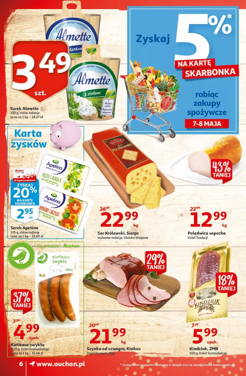 Gazetka promocyjna Auchan - 25 Urodziny #3 Supermarkety - ważna 06.05 do 13.05.2021 - strona 6 - produkty: Almette, Gra, Kiełbasa, Kindziuk, Krakus, Królewski, Polędwica, Ser, Serek, Szynka