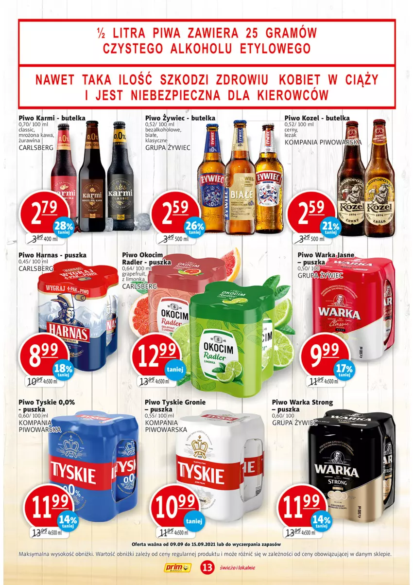 Gazetka promocyjna Prim Market - Gazetka - ważna 09.09 do 15.09.2021 - strona 13 - produkty: Carlsberg, Karmi, Kawa, Koc, Kozel, Okocim, Piwo, Radler, Rura, Sok, Tyskie, Warka