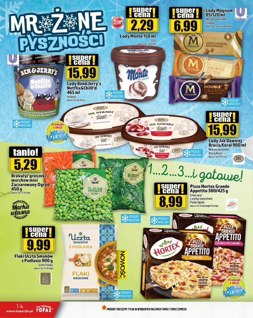 Gazetka promocyjna Topaz - Gazetka - ważna 10.10 do 16.10.2024 - strona 14 - produkty: Brokuły, Fa, Flaki, Gra, Groszek, Hortex, Kosz, LG, Lion, Lody, Monte, Ogród, Piec, Pieczarka, Pizza, Top, Zott