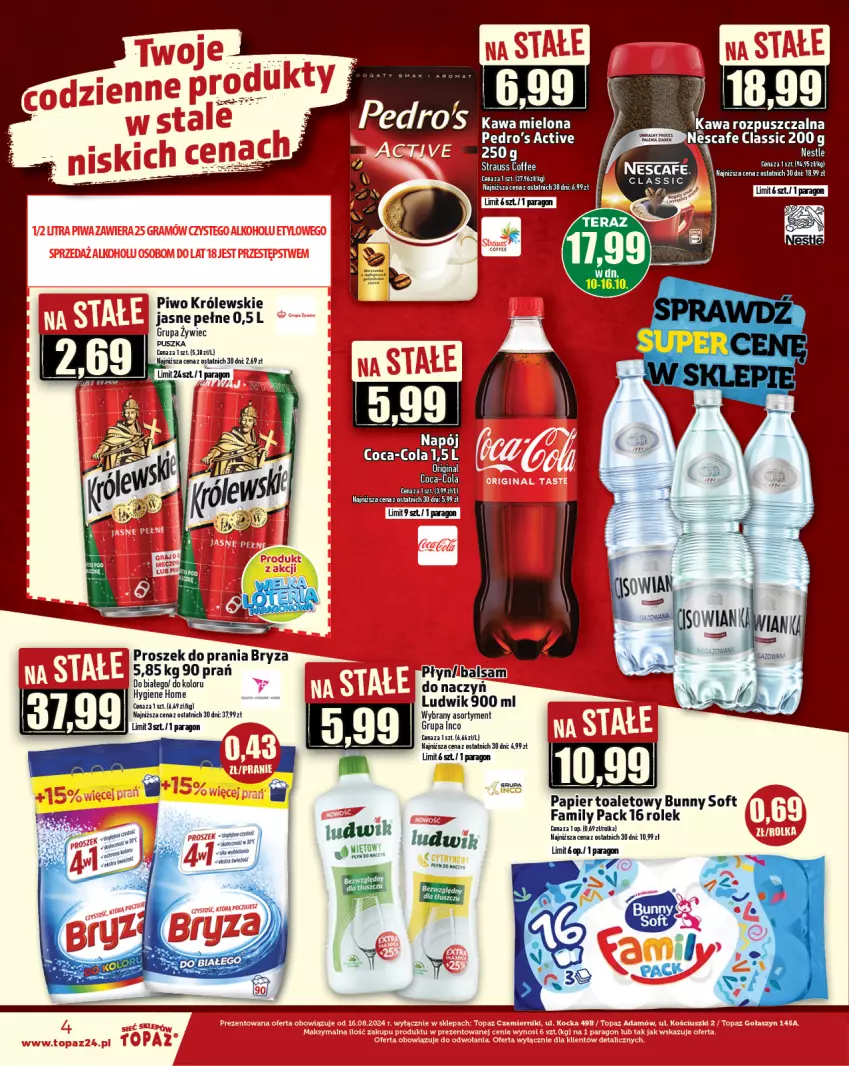 Gazetka promocyjna Topaz - Gazetka - ważna 10.10 do 16.10.2024 - strona 4 - produkty: Bryza, Fa, Kawa, Kawa mielona, Kawa rozpuszczalna, Królewski, Ludwik, Papier, Papier toaletowy, Piwo, Proszek do prania