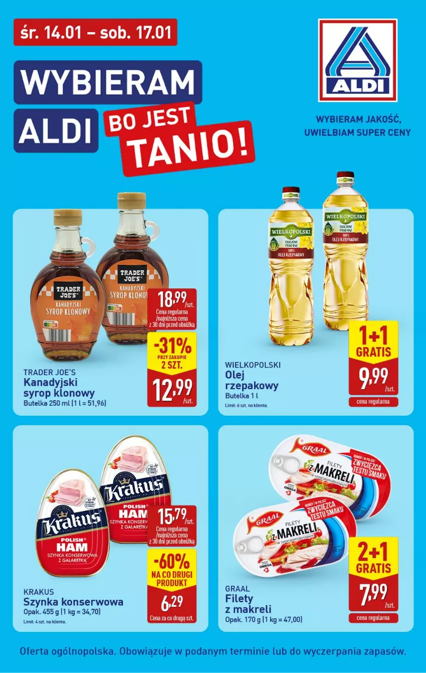 Gazetka promocyjna Aldi - Wybieram ALDI bo jest tanio! - ważna 14.01 do 17.01.2026 - strona 2 - produkty: Fa, Gra, Graal, Krakus, Olej, Ser, Syrop, Szynka, Szynka konserwowa