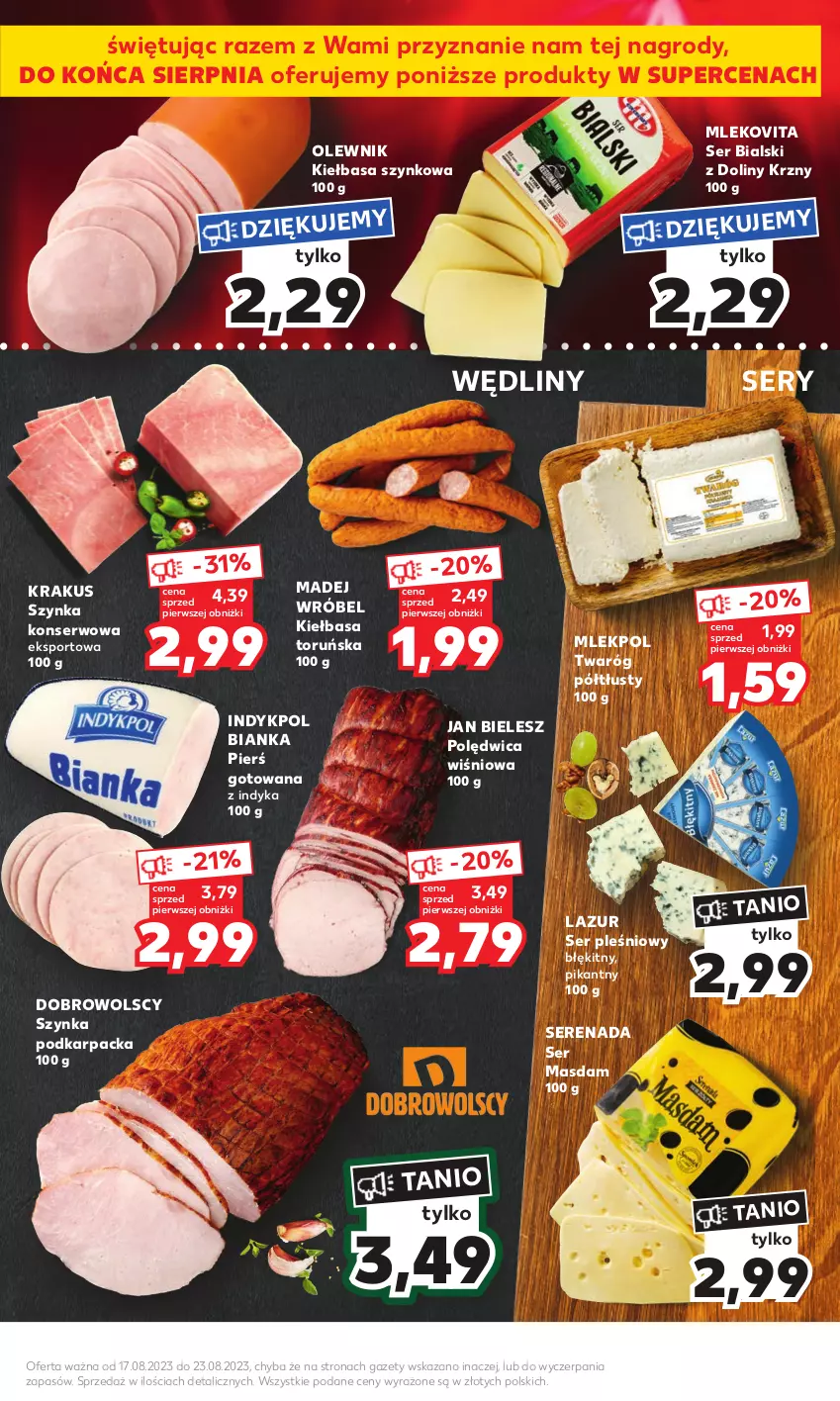 Gazetka promocyjna Kaufland - Mocny Start - ważna 21.08 do 23.08.2023 - strona 11 - produkty: Bianka, Karp, Kiełbasa, Kiełbasa szynkowa, Krakus, Lazur, Madej Wróbel, Mleko, Mlekovita, Olewnik, Polędwica, Por, Ser, Ser pleśniowy, Sport, Szynka, Szynka konserwowa, Twaróg, Twaróg półtłusty