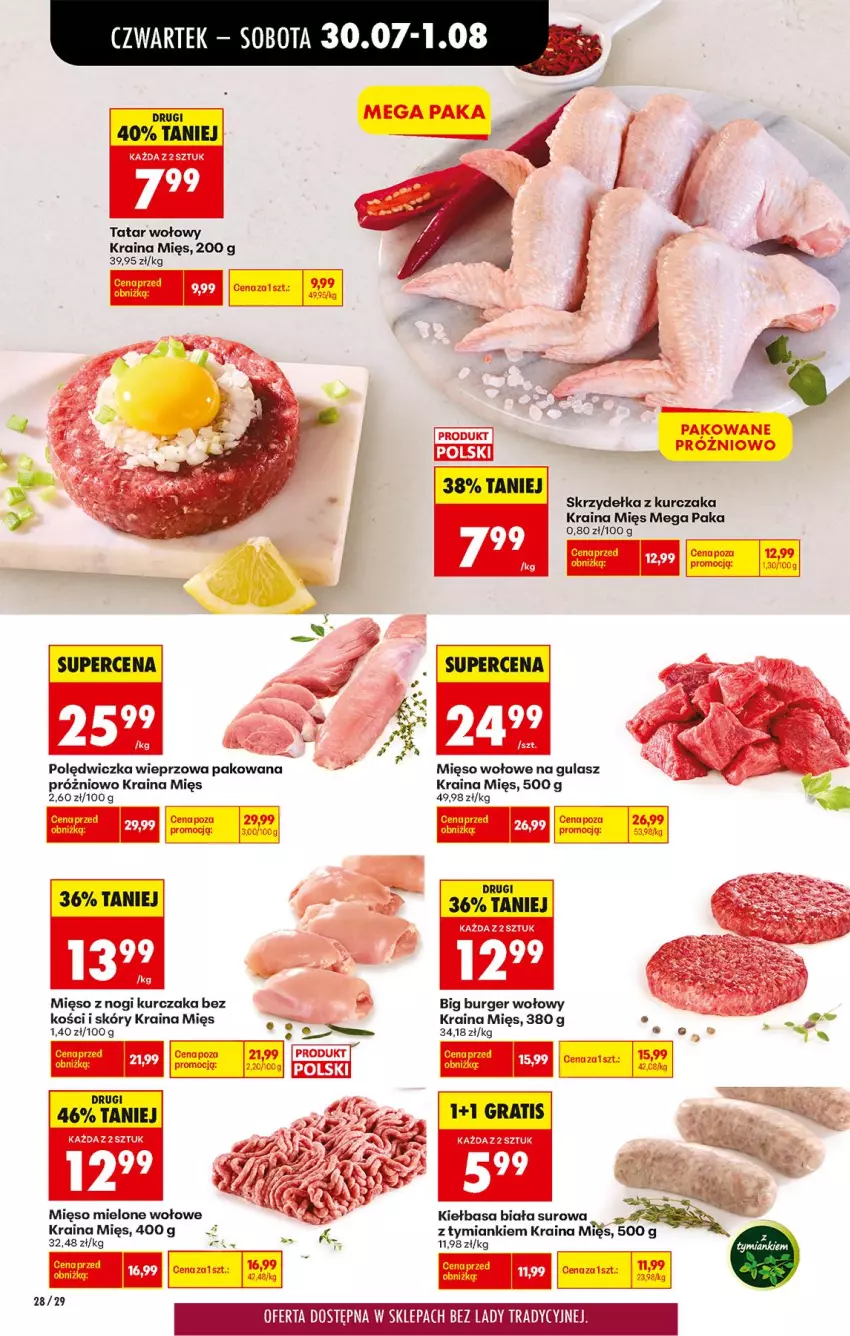 Gazetka promocyjna Biedronka - Od Czwartku - ważna 30.07 do 01.08.2026 - strona 38 - produkty: Burger, Gra, Kiełbasa, Kiełbasa biała, Kurczak, Mięso, Mięso mielone, Mięso wołowe, Polędwiczka wieprzowa, Skrzydełka z kurczaka, Tatar wołowy
