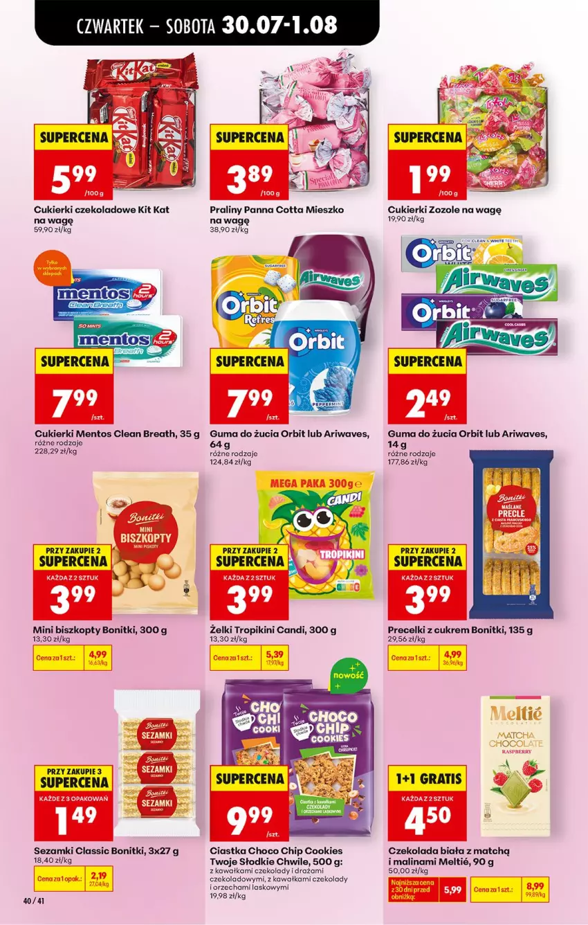 Gazetka promocyjna Biedronka - Od Czwartku - ważna 30.07 do 01.08.2026 - strona 54 - produkty: Biszkopty, Bonitki, Ciastka, Cukier, Cukierki, Cukierki czekoladowe, Czekolada, Gra, Guma do żucia, Kawa, Kit Kat, Mentos, Orbit, Panna cotta, Praliny, Precelki, Sezam