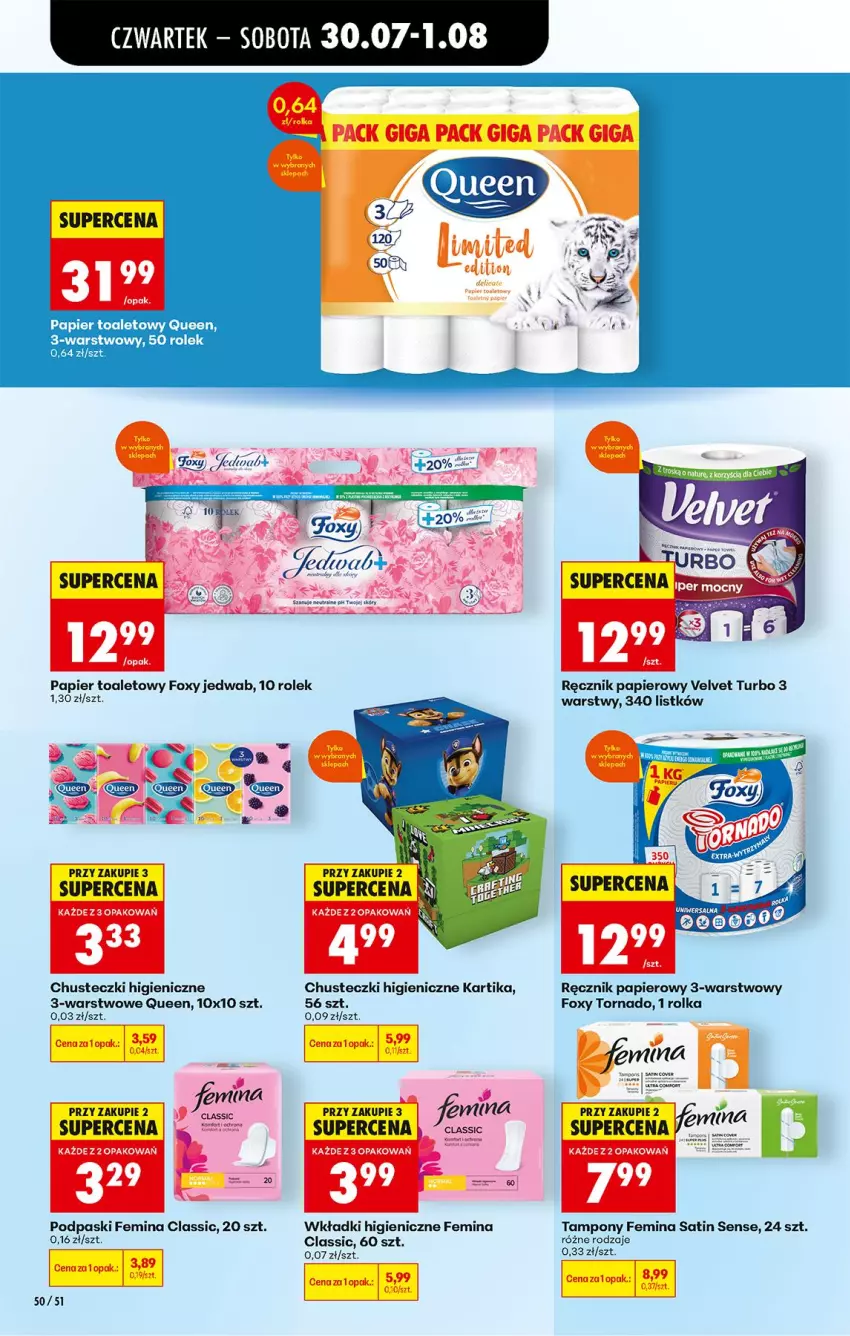 Gazetka promocyjna Biedronka - Od Czwartku - ważna 30.07 do 01.08.2026 - strona 72 - produkty: Chusteczki, Foxy, Papier, Papier toaletowy, Podpaski, Ręcznik, Sati, Tampony, Velvet, Wkładki