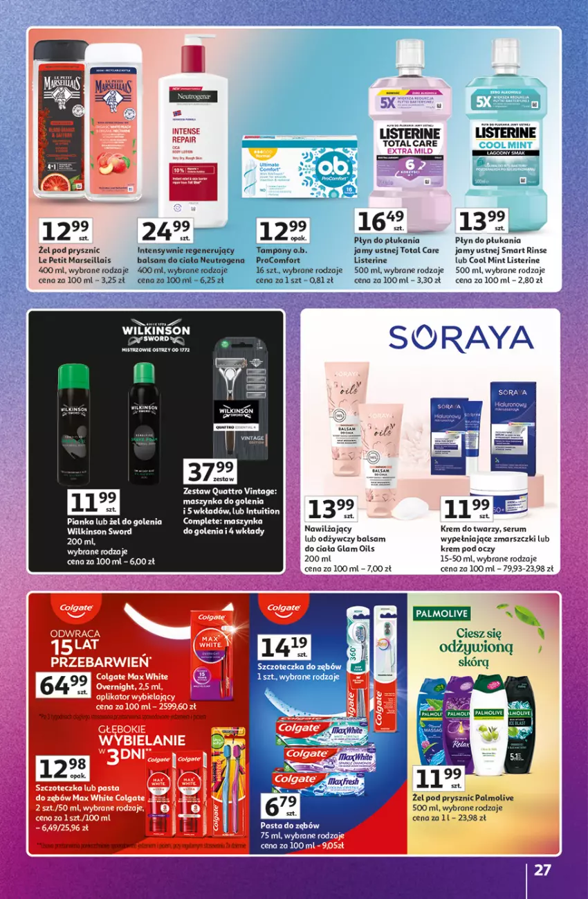 Gazetka promocyjna Auchan - Znane marki duży wybór Hipermarket - ważna 16.10 do 22.10.2025 - strona 27 - produkty: Balsam do ciała, Colgate, Fa, Krem do twarzy, Krem pod oczy, LG, Listerine, Mars, Maszynka, Maszynka do golenia, Neutrogena, O.B., Palmolive, Pasta do zębów, Płyn do płukania, Płyn do płukania jamy ustnej, Rum, Ser, Serum, Szczoteczka, Szynka, Tampony, Wilkinson Sword