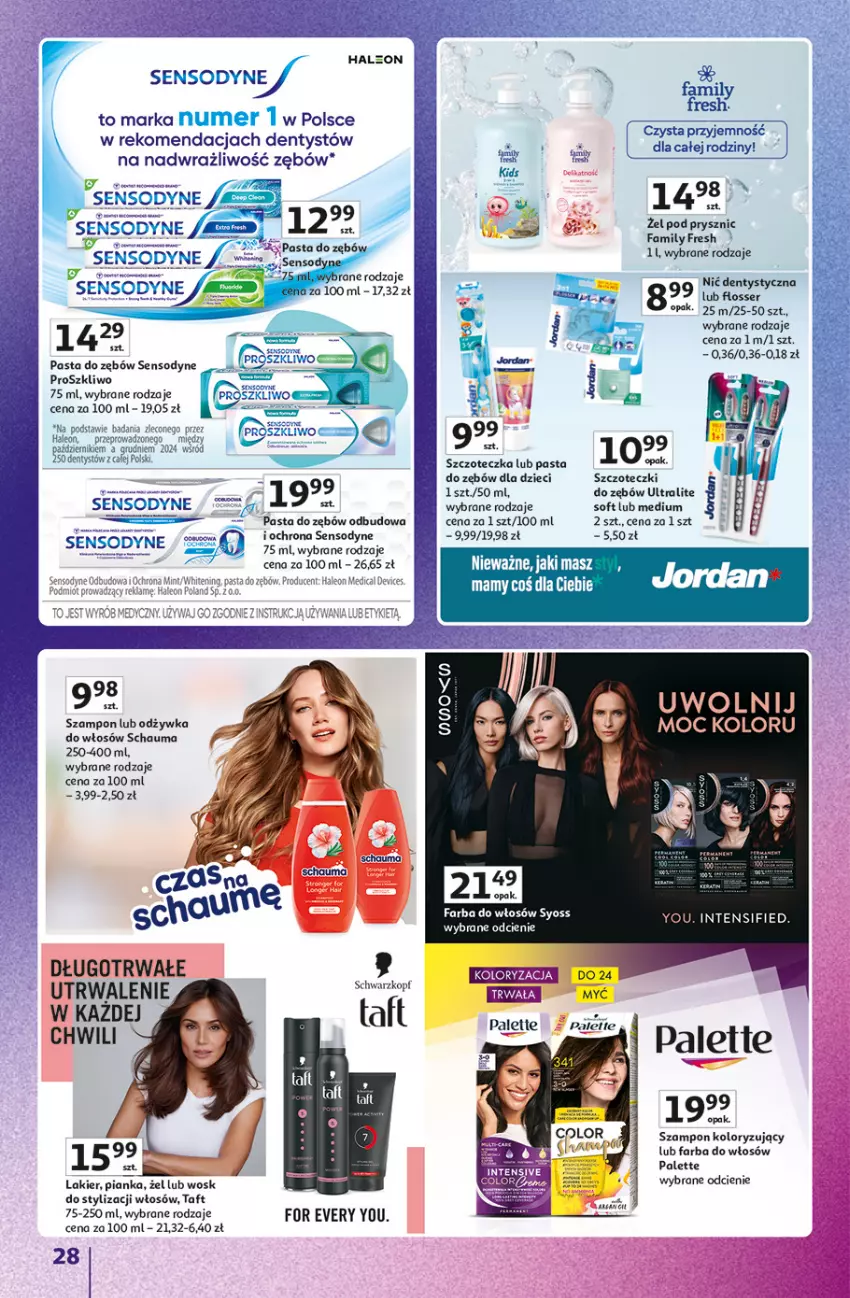 Gazetka promocyjna Auchan - Znane marki duży wybór Hipermarket - ważna 16.10 do 22.10.2025 - strona 28 - produkty: Dzieci, Fa, Farba do włosów, Lakier, Leon, Nić dentystyczna, Odżywka, Palette, Pasta do zębów, Schauma, Schwarzkopf, Sensodyne, Ser, Syoss, Szampon, Szczoteczka, Taft