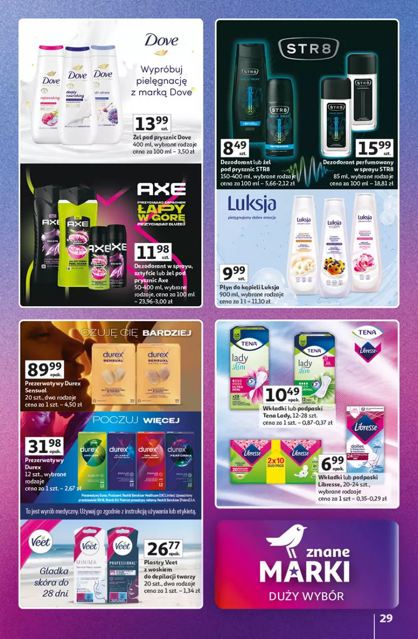 Gazetka promocyjna Auchan - Znane marki duży wybór Hipermarket - ważna 16.10 do 22.10.2025 - strona 29 - produkty: BIC, Dezodorant, Dove, Durex, Fa, Luksja, Perfum, Płyn do kąpieli, Podpaski, Sensual, Str8, Veet, Wkładki