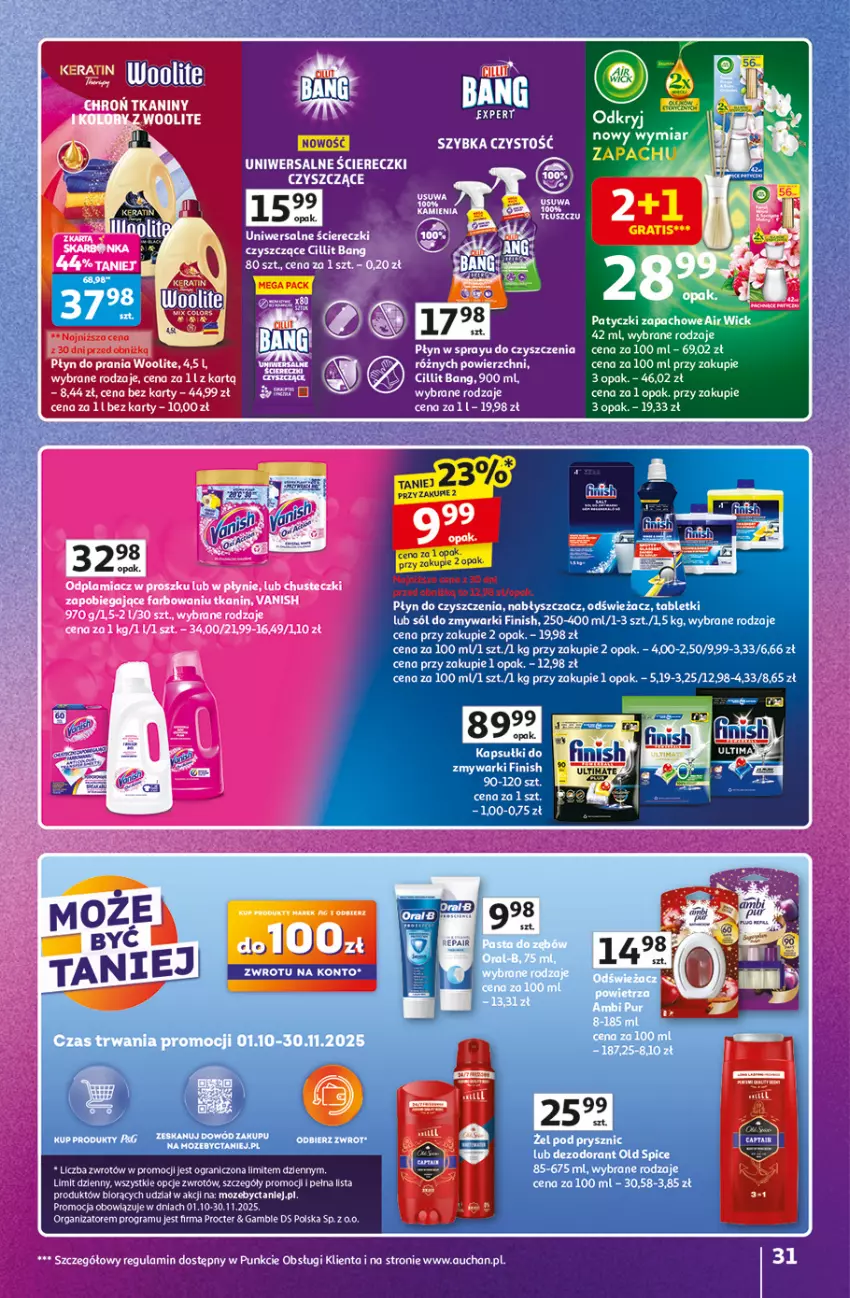 Gazetka promocyjna Auchan - Znane marki duży wybór Hipermarket - ważna 16.10 do 22.10.2025 - strona 31 - produkty: Chusteczki, Cillit Bang, Dega, Finish, Gra, LG, Odplamiacz, Płyn do prania, Sól, Woolite, Zmywarki