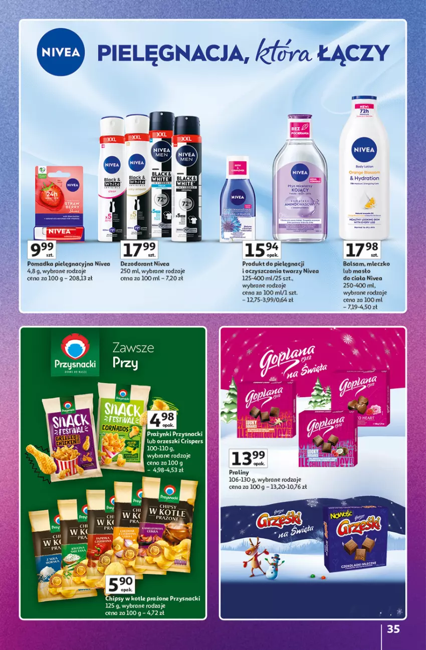 Gazetka promocyjna Auchan - Znane marki duży wybór Hipermarket - ważna 16.10 do 22.10.2025 - strona 35 - produkty: Body, Chipsy, Dezodorant, Masło, Masło do ciała, Mleczko, Nivea, Orzeszki, Praliny, Przysnacki