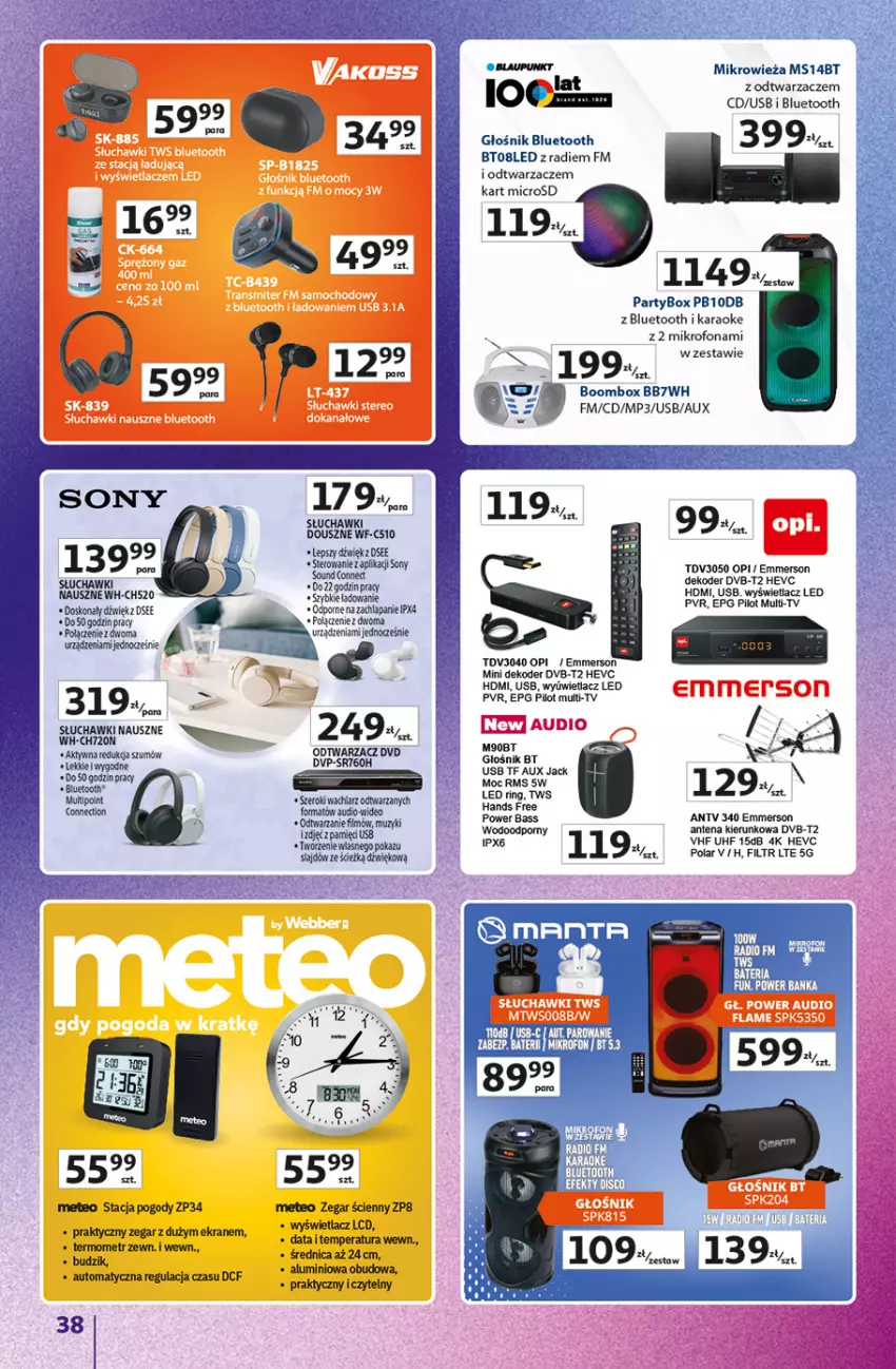 Gazetka promocyjna Auchan - Znane marki duży wybór Hipermarket - ważna 16.10 do 22.10.2025 - strona 38 - produkty: Budzik, Głośnik, Głośnik bluetooth, Mikrofon, Mikrowieża, Odtwarzacz DVD, Por, Słuchawki, Sony, Termometr, Zegar