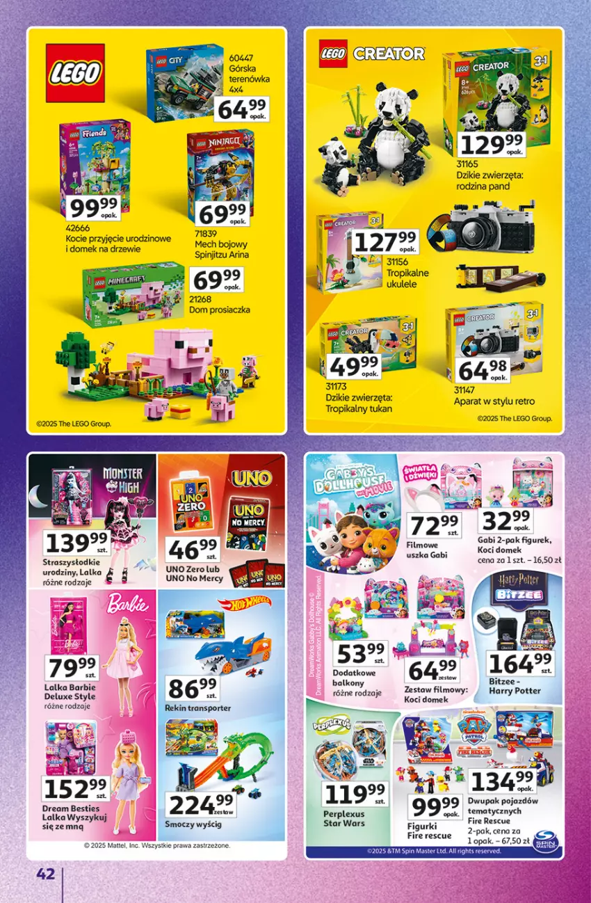 Gazetka promocyjna Auchan - Znane marki duży wybór Hipermarket - ważna 16.10 do 22.10.2025 - strona 42 - produkty: Barbie, Domek na drzewie, Harry Potter, Koc, Lalka, LEGO, Mattel, Pojazd, Ser, Ukulele, Zwierzęta