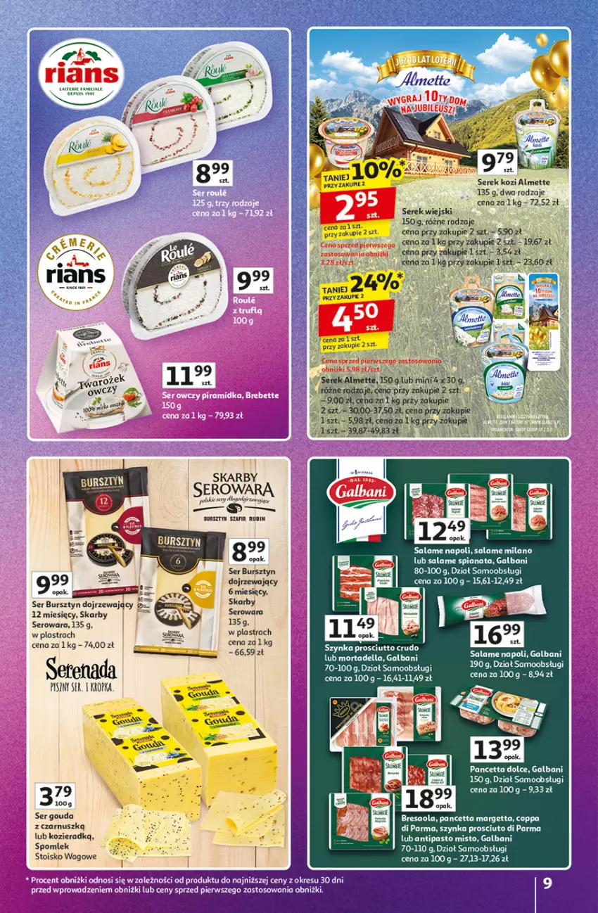 Gazetka promocyjna Auchan - Znane marki duży wybór Hipermarket - ważna 16.10 do 22.10.2025 - strona 9 - produkty: Almette, Bresaola, Bursztyn, Galbani, Gosh, Gouda, Prosciutto, Rubin, Ser, Serek, Serek wiejski, Szynka