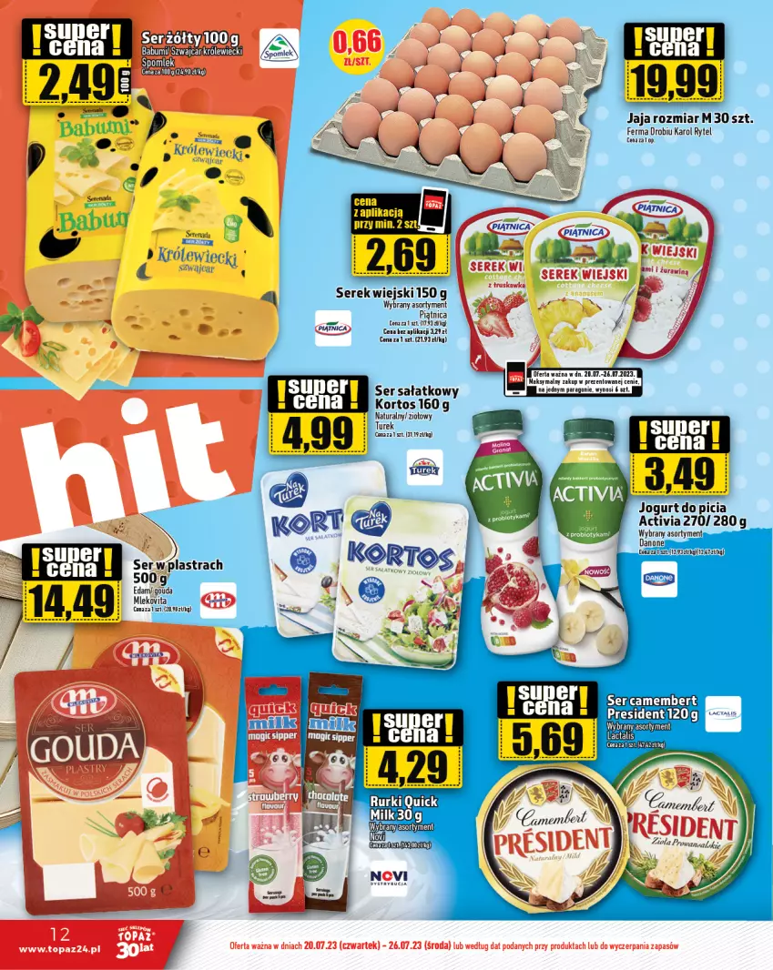 Gazetka promocyjna Topaz - Gazetka - ważna 20.07 do 26.07.2023 - strona 12 - produkty: Activia, Camembert, Danone, Jaja, Jogurt, LG, Piątnica, Rurki, Sałat, Ser, Serek