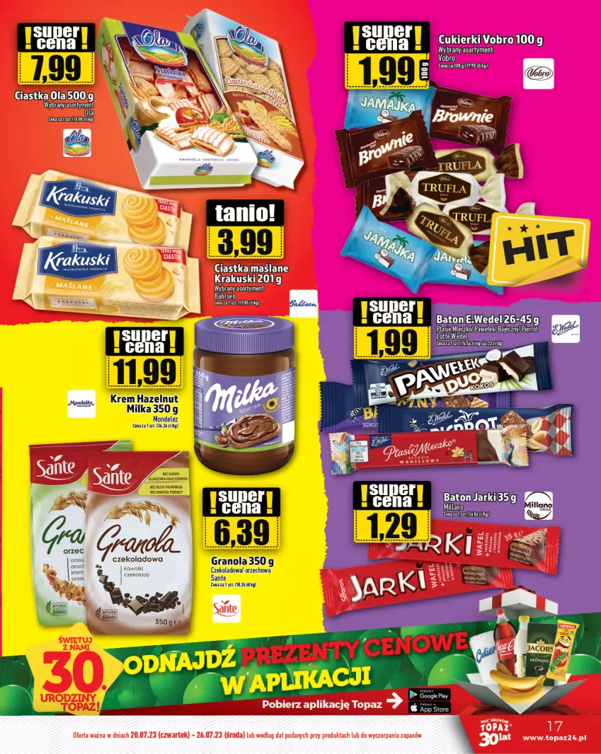 Gazetka promocyjna Topaz - Gazetka - ważna 20.07 do 26.07.2023 - strona 17 - produkty: Baton, Cukier, Cukierki, Gra, Granola, Jacobs, Milka, Mleczko, Ptasie mleczko, Sante