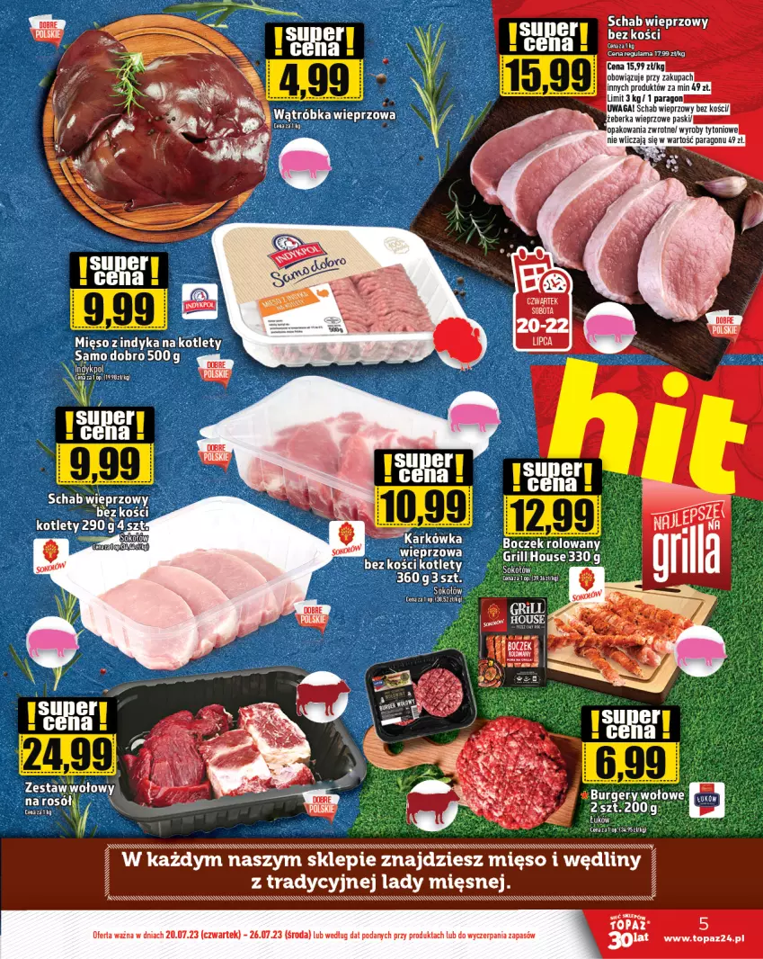 Gazetka promocyjna Topaz - Gazetka - ważna 20.07 do 26.07.2023 - strona 5 - produkty: Kotlet, Mięso, Schab wieprzowy, Sok, Sokołów, Top