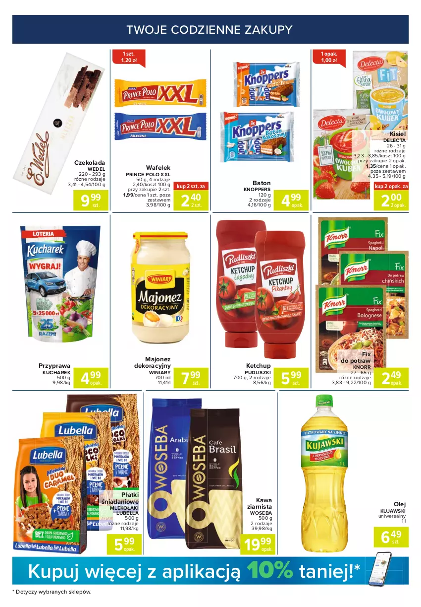 Gazetka promocyjna Carrefour - Gazetka Express - ważna 22.02 do 01.03.2021 - strona 3 - produkty: Baton, Bell, Bella, Czekolada, Danio, Delecta, Kawa, Kawa ziarnista, Ketchup, Kisiel, Knoppers, Knorr, Kosz, Kucharek, Kujawski, Lubella, Majonez, Mleko, Olej, Prince Polo, Pudliszki, Wafelek, Winiary, Woseba