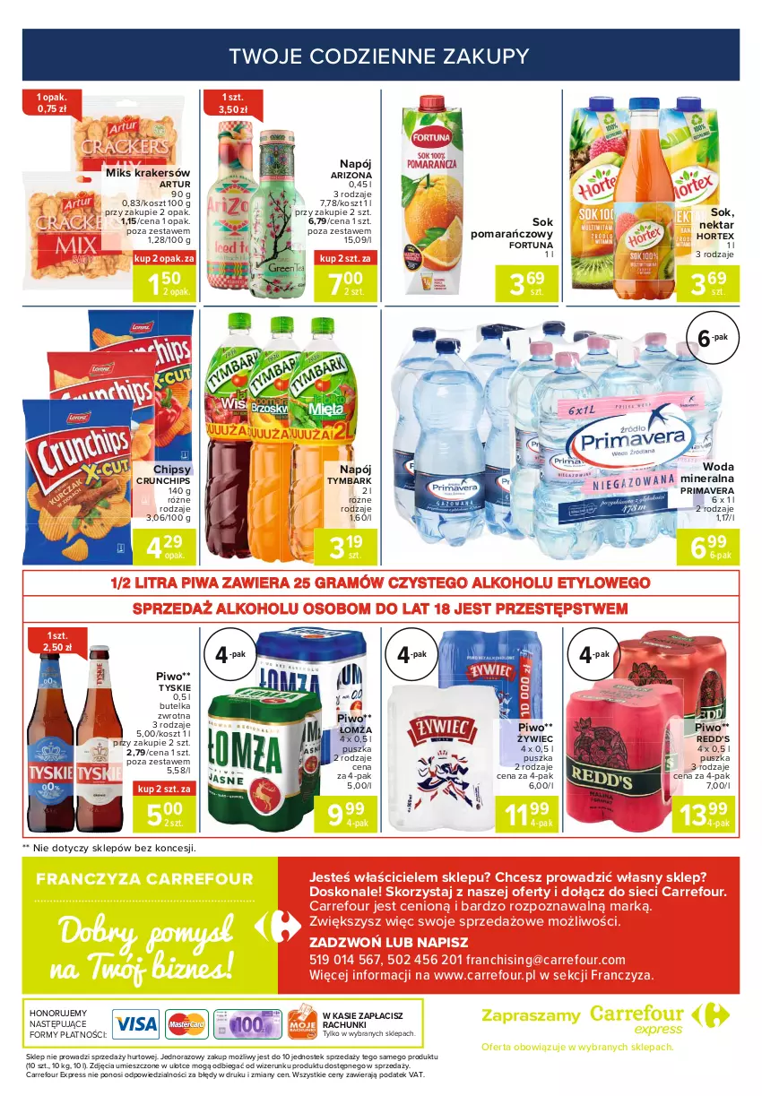 Gazetka promocyjna Carrefour - Gazetka Express - ważna 22.02 do 01.03.2021 - strona 6 - produkty: Artur, Chipsy, Crunchips, Fortuna, Gra, Hortex, Kosz, Napój, Nektar, Piwa, Piwo, Prima, Primavera, Redd's, Sok, Sok pomarańczowy, Stek, Tymbark, Tyskie, Woda, Woda mineralna