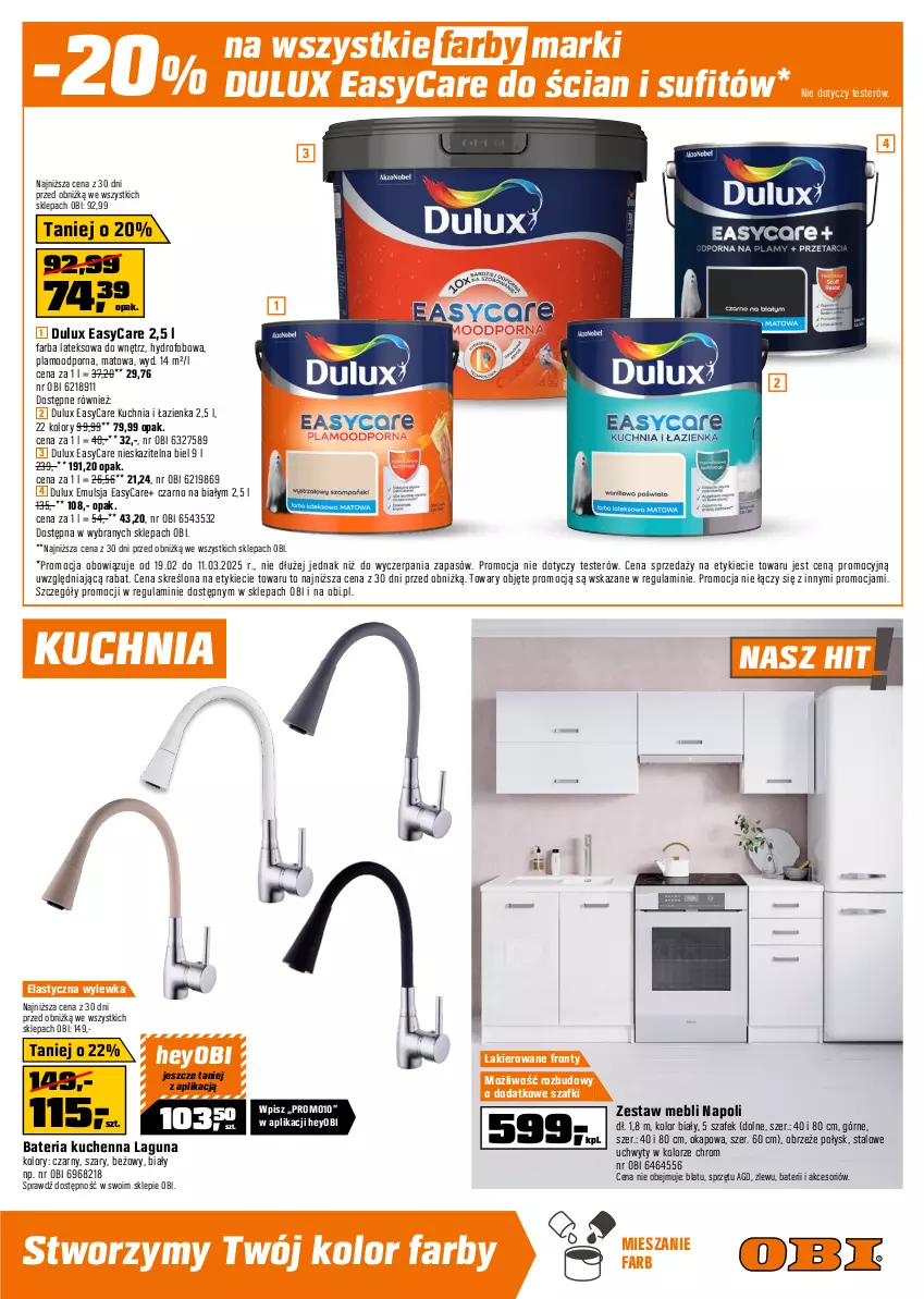 Gazetka promocyjna Obi - Gazetka OBI - ważna 19.02 do 11.03.2025 - strona 5 - produkty: Bateria, Bateria kuchenna, Drzwi, Drzwi zewnętrzne, Dulux, Emulsja, Fa, Farba lateksowa, Gra, Klamka, Kuchnia, Lakier, Okap, Por, Rust, Skrzydło drzwiowe, Sok, Uchwyty, Zlew