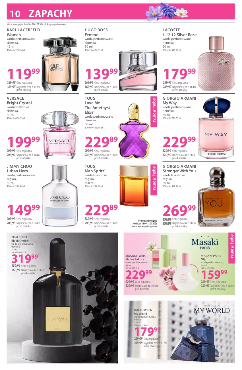 Gazetka promocyjna Hebe - Gazetka - ważna 04.05 do 18.05.2026 - strona 10 - produkty: Giorgio Armani, Hugo Boss, Jimmy Choo, Karl Lagerfeld, Lack, Lacoste, Perfum, Versace, Woda, Woda perfumowana, Woda toaletowa