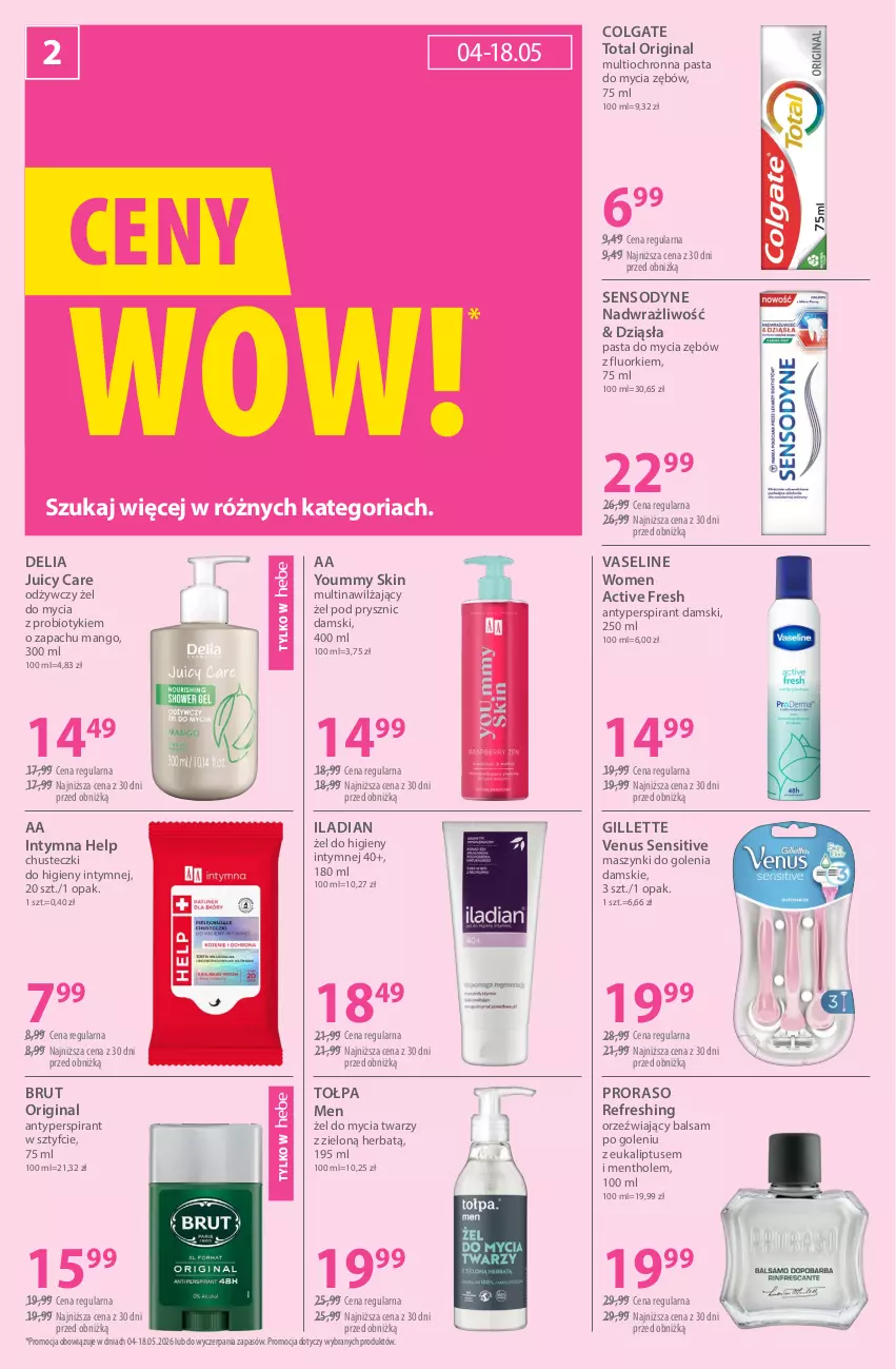 Gazetka promocyjna Hebe - Gazetka - ważna 04.05 do 18.05.2026 - strona 2 - produkty: Antyperspirant, Balsam po goleniu, Chusteczki, Chusteczki do higieny, Colgate, Colgate Total, Gillette, Gillette Venus, Gin, Iladian, LG, Mango, Probiotyk, Sensodyne, Tołpa, Venus