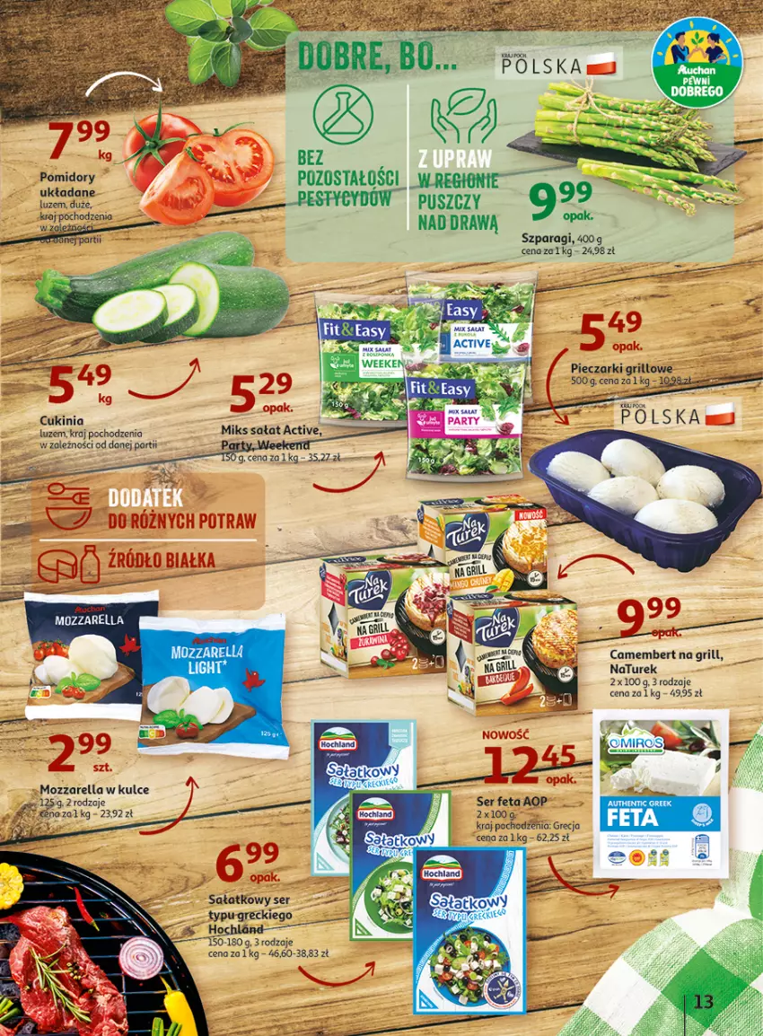 Gazetka promocyjna Auchan - Gazetka Wielkie majowe odkrycia cenowe część #4 Hipermarket Auchan - ważna 18.05 do 27.05.2023 - strona 13 - produkty: Camembert, Feta, Grill, Mozzarella, NaTurek, Piec, Pomidory, Por, Sałat, Ser