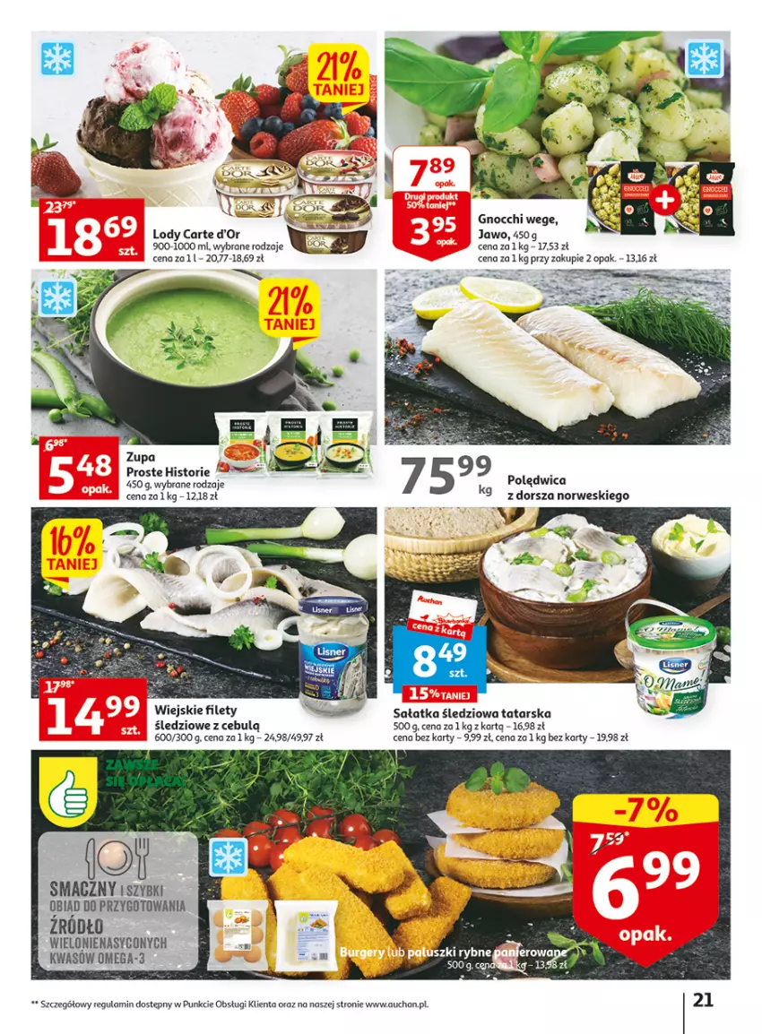 Gazetka promocyjna Auchan - Gazetka Wielkie majowe odkrycia cenowe część #4 Hipermarket Auchan - ważna 18.05 do 27.05.2023 - strona 21 - produkty: Carte d'Or, Dorsz, Gnocchi, Lody, Omega-3, Polędwica, Sałat, Sałatka, Zupa