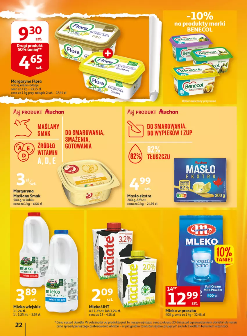 Gazetka promocyjna Auchan - Gazetka Wielkie majowe odkrycia cenowe część #4 Hipermarket Auchan - ważna 18.05 do 27.05.2023 - strona 22 - produkty: Flora, Margaryna, Masło, Mleko, Mleko w proszku, O nas