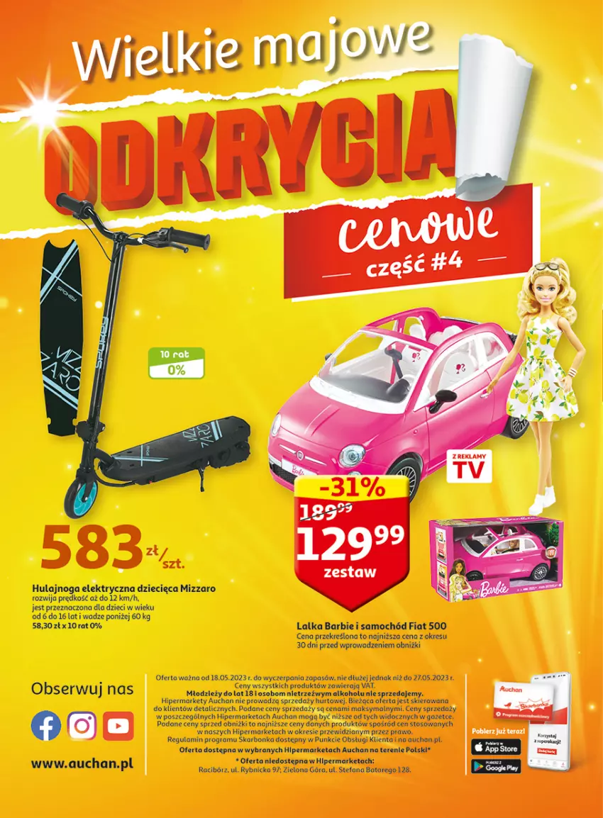Gazetka promocyjna Auchan - Gazetka Wielkie majowe odkrycia cenowe część #4 Hipermarket Auchan - ważna 18.05 do 27.05.2023 - strona 48 - produkty: Barbie, Dzieci, Fa, Gra, Hulajnoga, Hulajnoga elektryczna, Lalka, Samochód