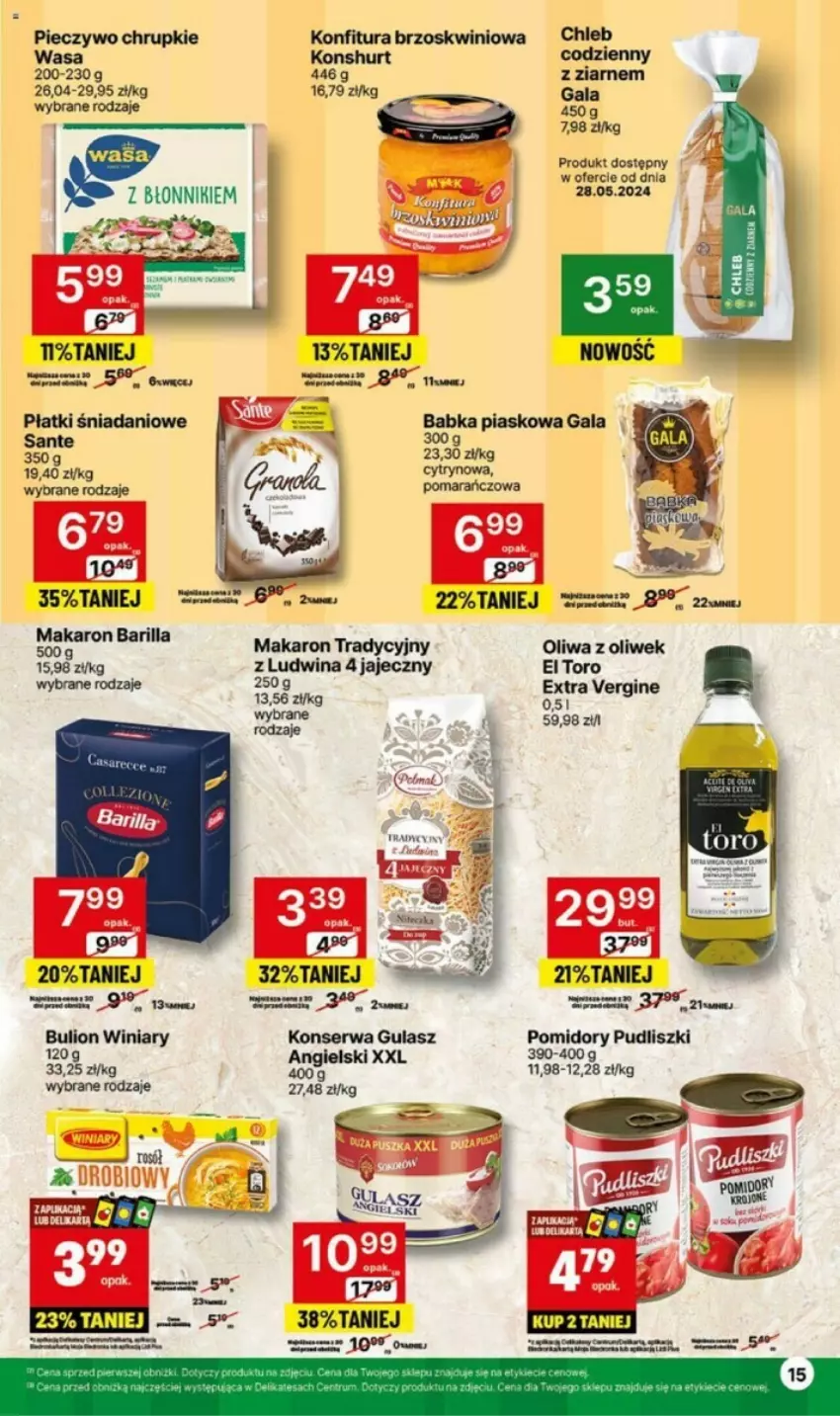 Gazetka promocyjna Delikatesy Centrum - ważna 27.05 do 02.06.2024 - strona 7 - produkty: Babka, Barilla, Bulion, Chleb, Chrupki, Danio, Gala, Gin, Konfitura, LG, Lion, Makaron, Oliwa, Oliwa z oliwek, Piec, Pieczywo, Pieczywo chrupkie, Pomidory, Pudliszki, Sante, Ser, Wasa, Winiary