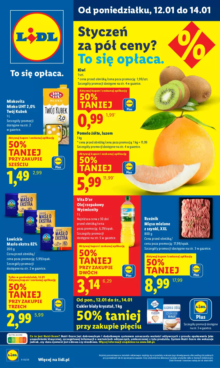 Gazetka promocyjna Lidl - GAZETKA - ważna 12.01 do 14.01.2026 - strona 1 - produkty: Cukier, Kiwi, Kubek, Masło, Mięso, Mięso mielone, Mięso mielone z szynki, Mleko, Mlekovita, Olej, Olej rzepakowy, Pomelo