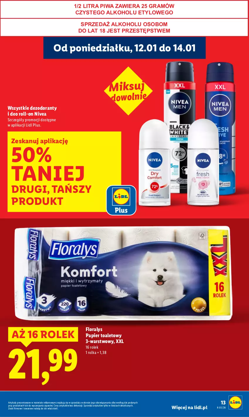 Gazetka promocyjna Lidl - GAZETKA - ważna 12.01 do 14.01.2026 - strona 13 - produkty: Dezodorant, Flora, Gra, Nivea, Papier, Papier toaletowy, Piwa