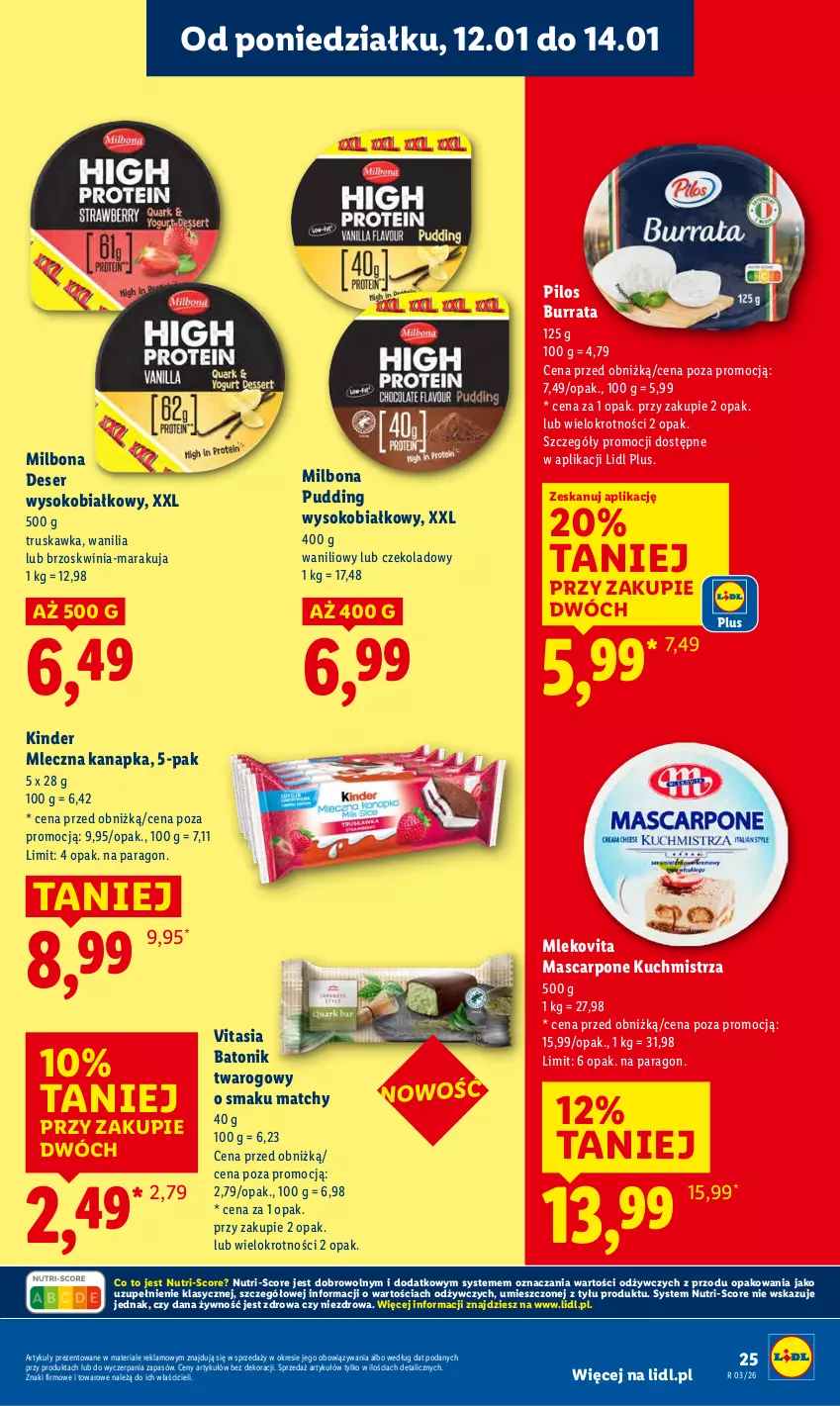 Gazetka promocyjna Lidl - GAZETKA - ważna 12.01 do 14.01.2026 - strona 25 - produkty: Baton, Batonik twarogowy, Burrata, Deser, Kinder, Mascarpone, Mleczna kanapka, Mleko, Mlekovita, Pilos, Pudding, Ser, Sok, Tonik