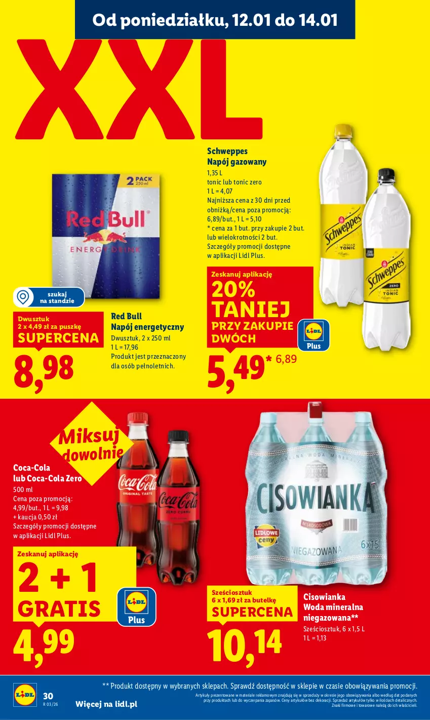 Gazetka promocyjna Lidl - GAZETKA - ważna 12.01 do 14.01.2026 - strona 30 - produkty: Cisowianka, Coca-Cola, Gra, Napój, Napój energetyczny, Napój gazowany, Red Bull, Schweppes, Woda, Woda mineralna