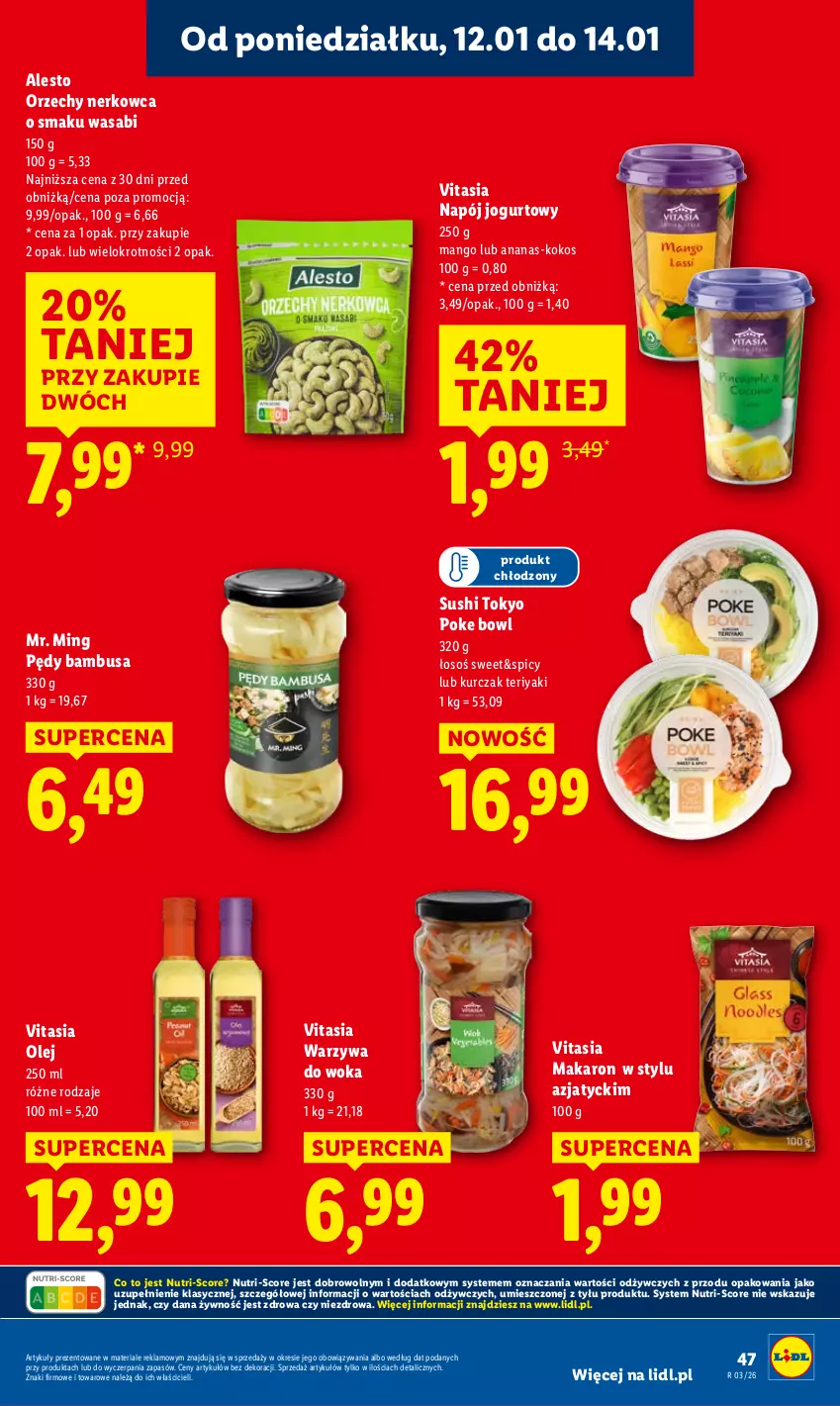 Gazetka promocyjna Lidl - GAZETKA - ważna 12.01 do 14.01.2026 - strona 47 - produkty: Ananas, Jogurt, Kokos, Kurczak, Makaron, Mango, Napój, Napój jogurtowy, Olej, Pędy bambusa, Sushi, Warzywa, Warzywa do woka, Wasa