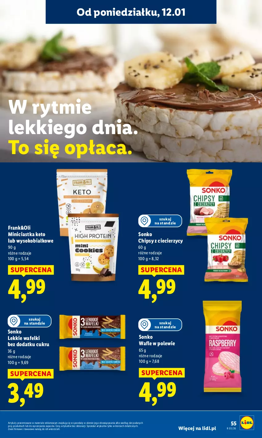 Gazetka promocyjna Lidl - GAZETKA - ważna 12.01 do 14.01.2026 - strona 55 - produkty: Chipsy, Ciastka, Sok, Sonko, Wafle