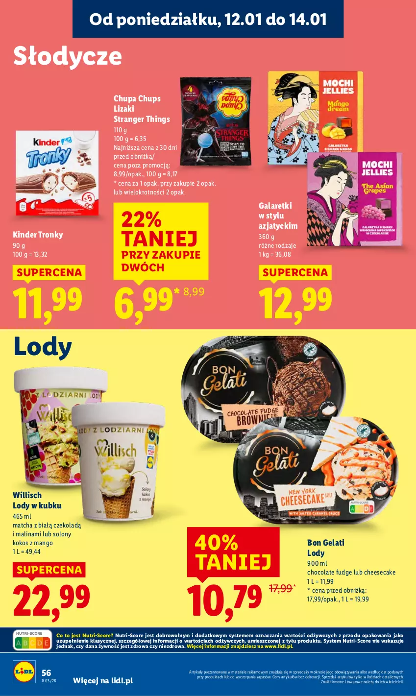 Gazetka promocyjna Lidl - GAZETKA - ważna 12.01 do 14.01.2026 - strona 56 - produkty: Chupa Chups, Gala, Galaretki, Kinder, Kokos, Lizaki, Lody, Mango, Tran